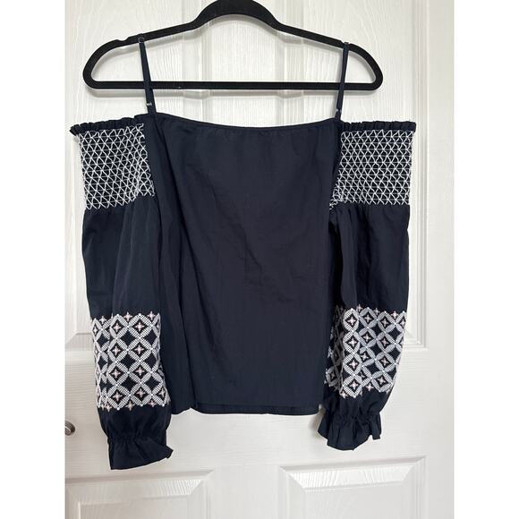 Rebecca Minkoff Off the Shoulder navy Embroidered smocked Peasant Top Boho XL - Picture 4 of 16
